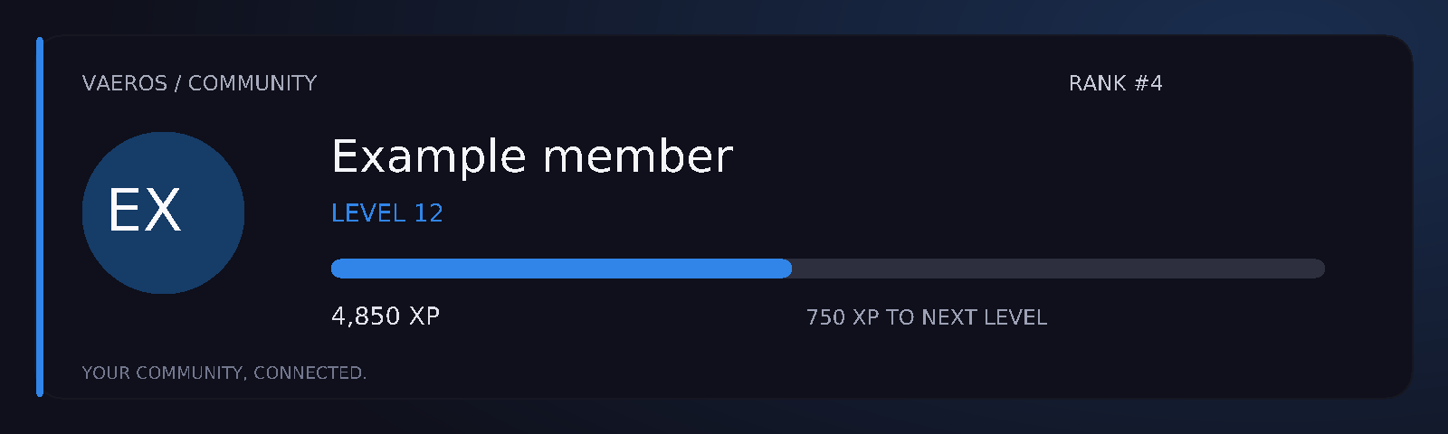 Vaeros rank card generated for an example member, showing level 12, rank 4 and XP progress